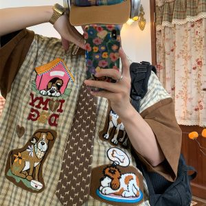 Trendy Loose Fit Short Sleeve Shirt for Women with Dog Embroidery and Plaid Cartoon Patchwork - Vintage 90s Style