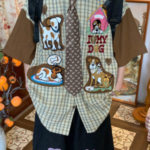 Trendy Loose Fit Short Sleeve Shirt for Women with Dog Embroidery and Plaid Cartoon Patchwork - Vintage 90s Style