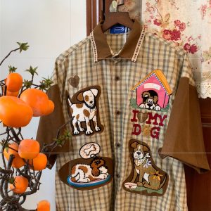 Trendy Loose Fit Short Sleeve Shirt for Women with Dog Embroidery and Plaid Cartoon Patchwork - Vintage 90s Style