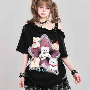 Trendy Off-Shoulder Cartoon Design T-Shirt for Girls - Cute Loose Fit Short Sleeve Top for Summer Style
