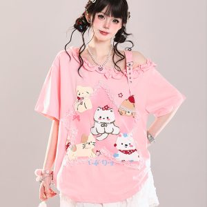 Trendy Off-Shoulder Cartoon Design T-Shirt for Girls - Cute Loose Fit Short Sleeve Top for Summer Style