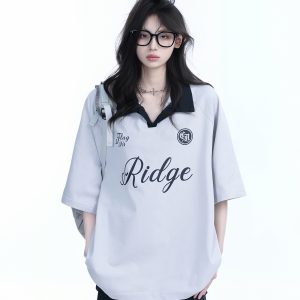 Trendy Oversized American College Style Sports T-Shirt for Women - Short Sleeve Polo, Casual Relaxed Fit, Y2K Fashion