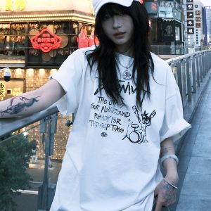 Trendy Oversized White T-Shirt for Women - Summer Graffiti Print Half Sleeve American Style Heavyweight Top