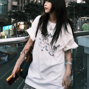 Trendy Oversized White T-Shirt for Women - Summer Graffiti Print Half Sleeve American Style Heavyweight Top
