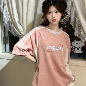 Trendy Pink Suede Short Sleeve T-Shirt for Women - American Style Three-Stripe Raglan Top, Summer 90s Fashion Essential
