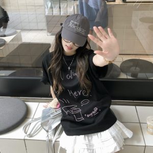 Trendy Relaxed Fit Beaded Letter Short Sleeve T-Shirt for Men and Women - Summer High-End Couple Style