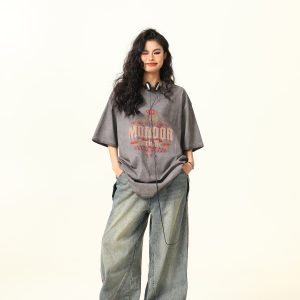 Trendy Retro High Street Printed Short-Sleeve T-Shirt for Men and Women, Vintage Wash Style, 90s Inspired Fashion