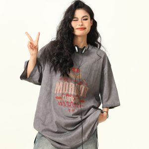 Trendy Retro High Street Printed Short-Sleeve T-Shirt for Men and Women, Vintage Wash Style, 90s Inspired Fashion