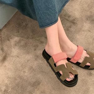 Trendy Sheepskin One-Strap Sandals for Women - Casual Thick Sole Slippers with Velcro Closure, Stylish Footwear for Everyday Wear