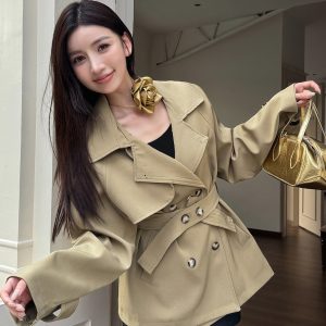 Trendy Short-Waisted Windbreaker Coat for Women with Collar, Long Sleeves, and Waist Tie - Casual Cardigan Style