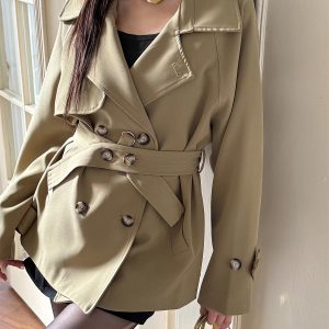 Trendy Short-Waisted Windbreaker Coat for Women with Collar, Long Sleeves, and Waist Tie - Casual Cardigan Style