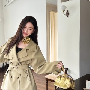 Trendy Short-Waisted Windbreaker Coat for Women with Collar, Long Sleeves, and Waist Tie - Casual Cardigan Style