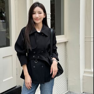 Trendy Short-Waisted Windbreaker Coat for Women with Collar, Long Sleeves, and Waist Tie - Casual Cardigan Style