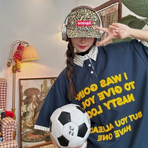 Trendy Spliced Striped Fake Two-Piece Short Sleeve Polo Shirt with Letter Embroidery for Men and Women - Vintage 90s Style