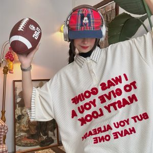 Trendy Spliced Striped Fake Two-Piece Short Sleeve Polo Shirt with Letter Embroidery for Men and Women - Vintage 90s Style