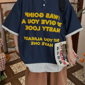 Trendy Spliced Striped Fake Two-Piece Short Sleeve Polo Shirt with Letter Embroidery for Men and Women - Vintage 90s Style