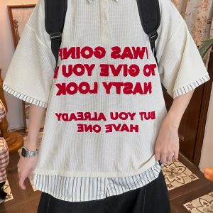Trendy Spliced Striped Fake Two-Piece Short Sleeve Polo Shirt with Letter Embroidery for Men and Women - Vintage 90s Style