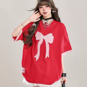 Trendy Summer 2025 Women's Short Sleeve T-Shirt with Butterfly Knot Embroidery, Loose Casual Fit, Cool Style