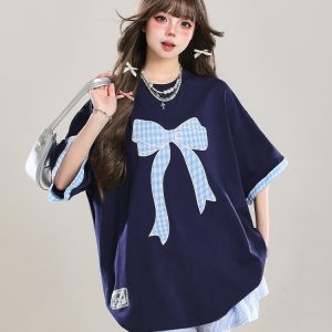 Trendy Summer 2025 Women's Short Sleeve T-Shirt with Butterfly Knot Embroidery, Loose Casual Fit, Cool Style