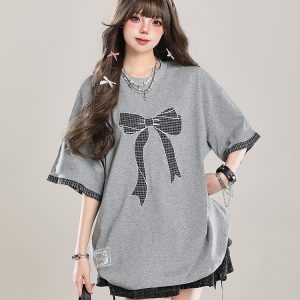 Trendy Summer 2025 Women's Short Sleeve T-Shirt with Butterfly Knot Embroidery, Loose Casual Fit, Cool Style