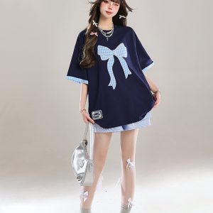 Trendy Summer 2025 Women's Short Sleeve T-Shirt with Butterfly Knot Embroidery, Loose Casual Fit, Cool Style