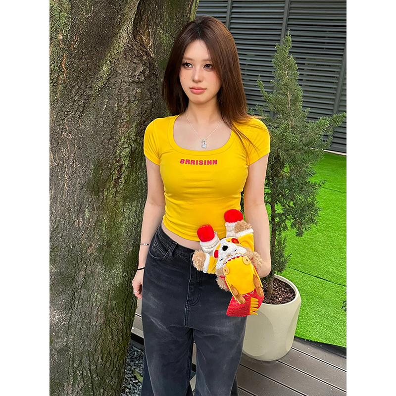 Trendy Women's American Big Collar T-Shirt, Summer Letter Print, Short Sleeve Fitted Crop Top, Y2K Style