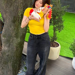 Trendy Women's American Big Collar T-Shirt, Summer Letter Print, Short Sleeve Fitted Crop Top, Y2K Style