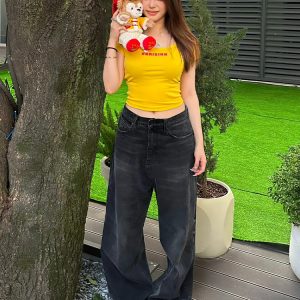 Trendy Women's American Big Collar T-Shirt, Summer Letter Print, Short Sleeve Fitted Crop Top, Y2K Style