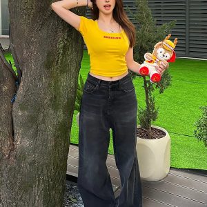 Trendy Women's American Big Collar T-Shirt, Summer Letter Print, Short Sleeve Fitted Crop Top, Y2K Style