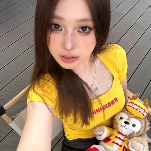 Trendy Women's American Big Collar T-Shirt, Summer Letter Print, Short Sleeve Fitted Crop Top, Y2K Style