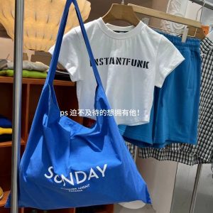 Trendy Women's Blue Striped Canvas Shoulder Bag, Large Capacity, Blogger-Inspired Letter Pattern, Commuting Style