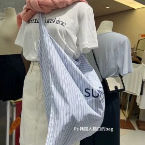 Trendy Women's Blue Striped Canvas Shoulder Bag, Large Capacity, Blogger-Inspired Letter Pattern, Commuting Style