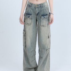 Trendy Women's High Street Cargo Pants, Unique Loose Wide-Leg Design, American Style, Casual Streetwear Fashion