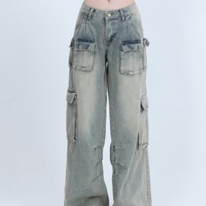 Trendy Women's High Street Cargo Pants, Unique Loose Wide-Leg Design, American Style, Casual Streetwear Fashion
