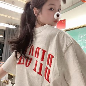 Trendy Women's High Street Embroidered Letter Short Sleeve T-Shirt in White and Gray - Heavyweight American Style Top