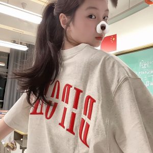 Trendy Women's High Street Embroidered Letter Short Sleeve T-Shirt in White and Gray - Heavyweight American Style Top