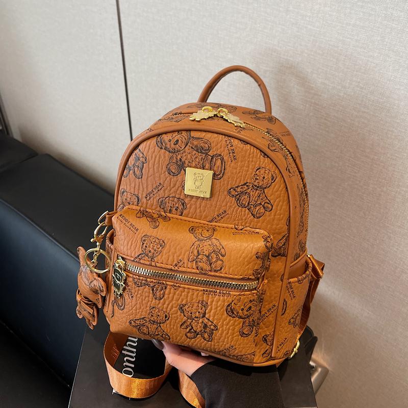 Trendy Women's Mini Backpack with Cute Bear Print - Casual Double Shoulder Bag for 2025 Fashion