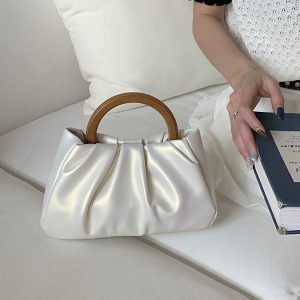 Trendy Women's Pearlescent Cloud Design Handbag with Wooden Handle, Small Crossbody Shoulder Bag for 2023 Fashion