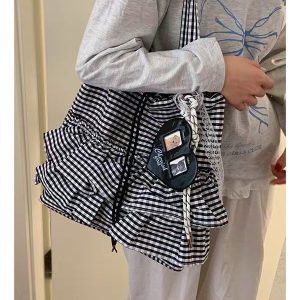 Trendy Women's Plaid Canvas Tote Bag, Cute College Style, 2025 Fashion, Korean Large Capacity Lace Detail Bag