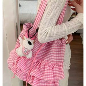 Trendy Women's Plaid Canvas Tote Bag, Cute College Style, 2025 Fashion, Korean Large Capacity Lace Detail Bag
