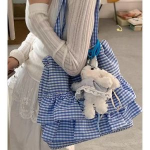 Trendy Women's Plaid Canvas Tote Bag, Cute College Style, 2025 Fashion, Korean Large Capacity Lace Detail Bag