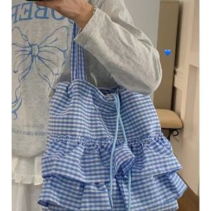 Trendy Women's Plaid Canvas Tote Bag, Cute College Style, 2025 Fashion, Korean Large Capacity Lace Detail Bag