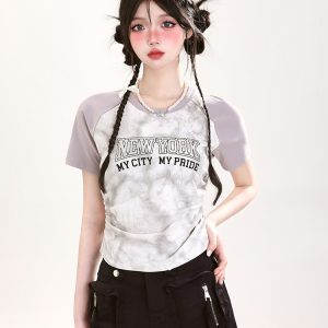 Trendy Women's Tie-Dye Short Sleeve T-Shirt with Pleated Design - American Style Summer Top for a Cool, Spicy Look