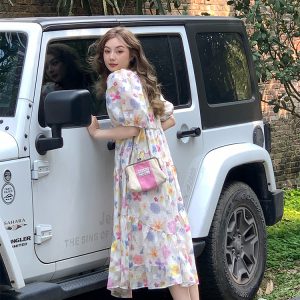 Twilight Galaxy Floral Dress - Women's Vintage French Retro Puff Sleeve Long Dress for Summer Vacation Style