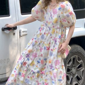 Twilight Galaxy Floral Dress - Women's Vintage French Retro Puff Sleeve Long Dress for Summer Vacation Style