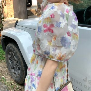 Twilight Galaxy Floral Dress - Women's Vintage French Retro Puff Sleeve Long Dress for Summer Vacation Style