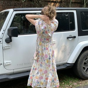 Twilight Galaxy Floral Dress - Women's Vintage French Retro Puff Sleeve Long Dress for Summer Vacation Style