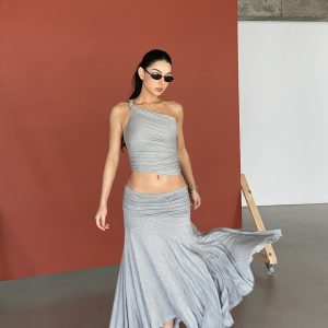 Twisted Tank Top with Built-In Fan Effect and Flowing Skirt - Gray-Scale Fashionable Aesthetics, Y2K Style
