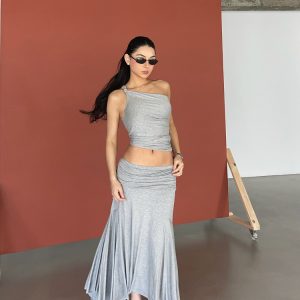 Twisted Tank Top with Built-In Fan Effect and Flowing Skirt - Gray-Scale Fashionable Aesthetics, Y2K Style