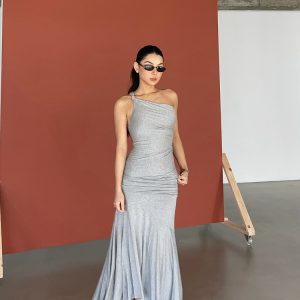 Twisted Tank Top with Built-In Fan Effect and Flowing Skirt - Gray-Scale Fashionable Aesthetics, Y2K Style
